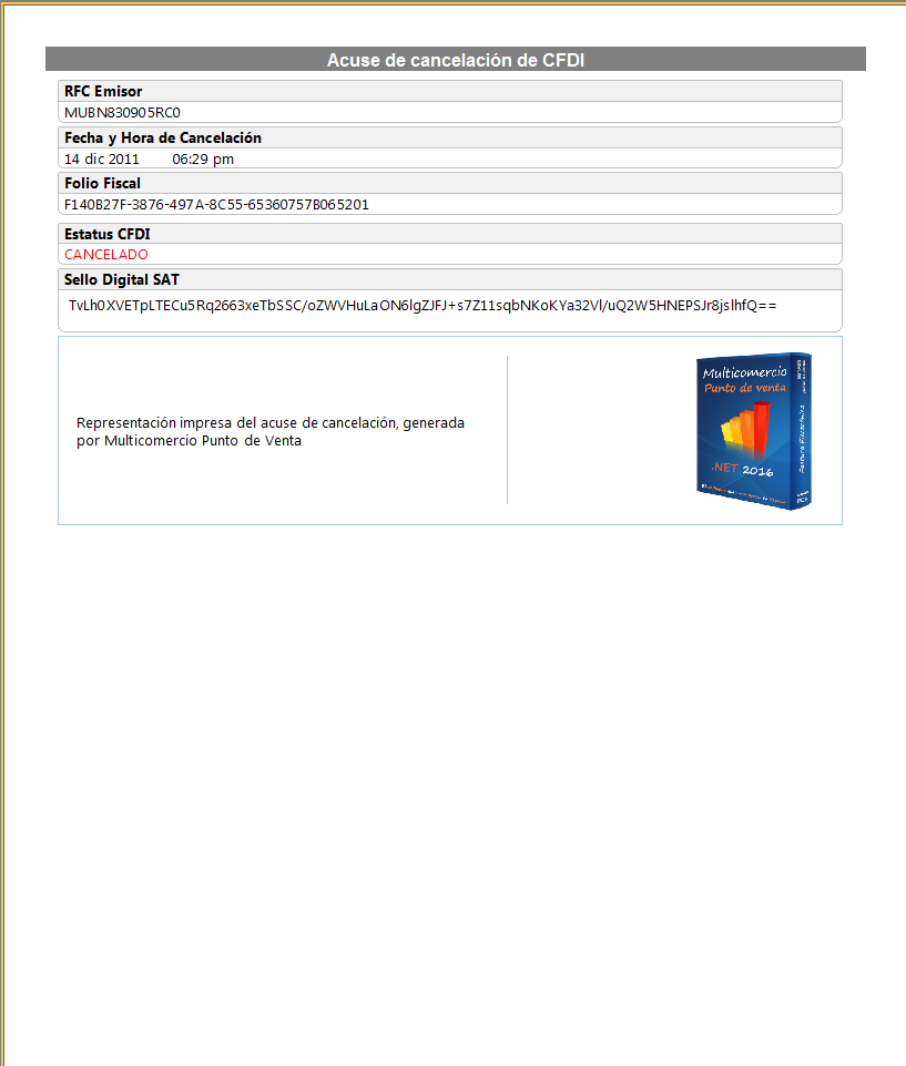 Acuse de cancelación con representación impresa, para el Punto de Venta