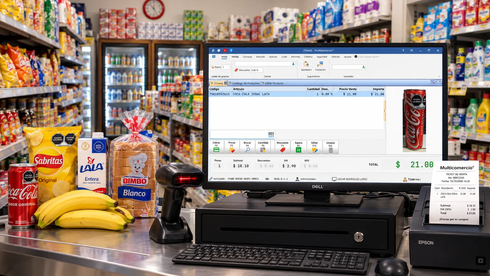 Software punto de venta Multicomercio en mostrador de tienda de abarrotes